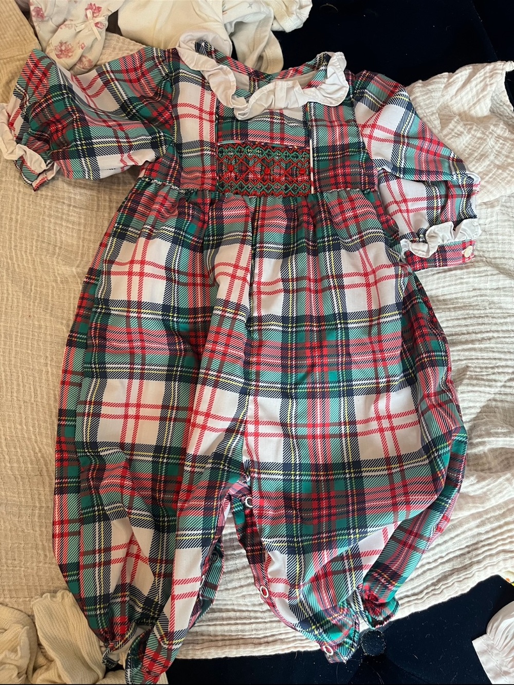 Christmas holiday plaid long bubble romper smocked